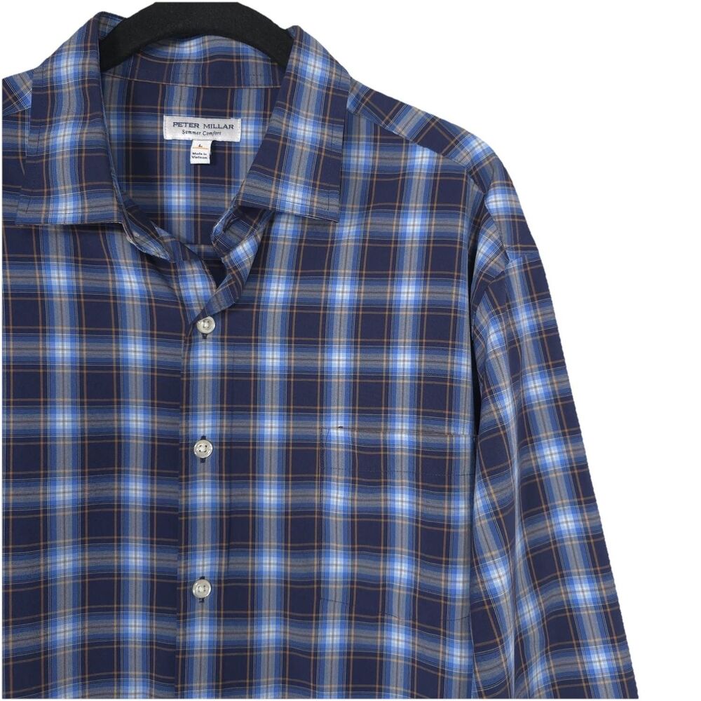 PETER MILLAR Men’s Shirt LARGE Summer Comfort Navy Blue Plaid‎ Check Long Sleeve